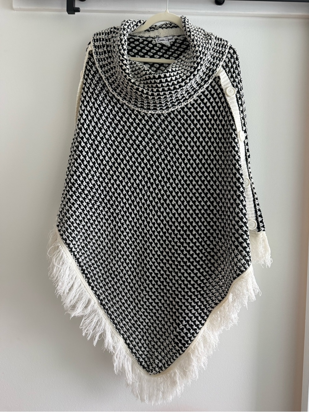 Caren Sport Black & White Fringed Knit Poncho Sweater with Button Shoulder